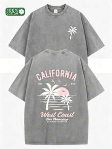 230g Heavyweight Washed Vintage T-Shirt For Women - Loose Fit Round Neck Short Sleeve, California Beach Surf And Palm Tree Print, Casual Summer Wear - 灰色 - 查看 8