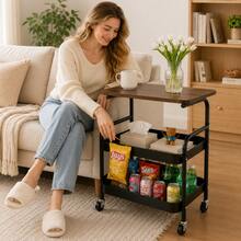 2-Tier Rolling Side Table Cart With Walnut Top, Mobile Storage Organizer With Mesh Baskets & Wheels, Compact Bedside Table For Bedroom, Living Room & Home Office - Black Storage Rack With Trolley - View 3