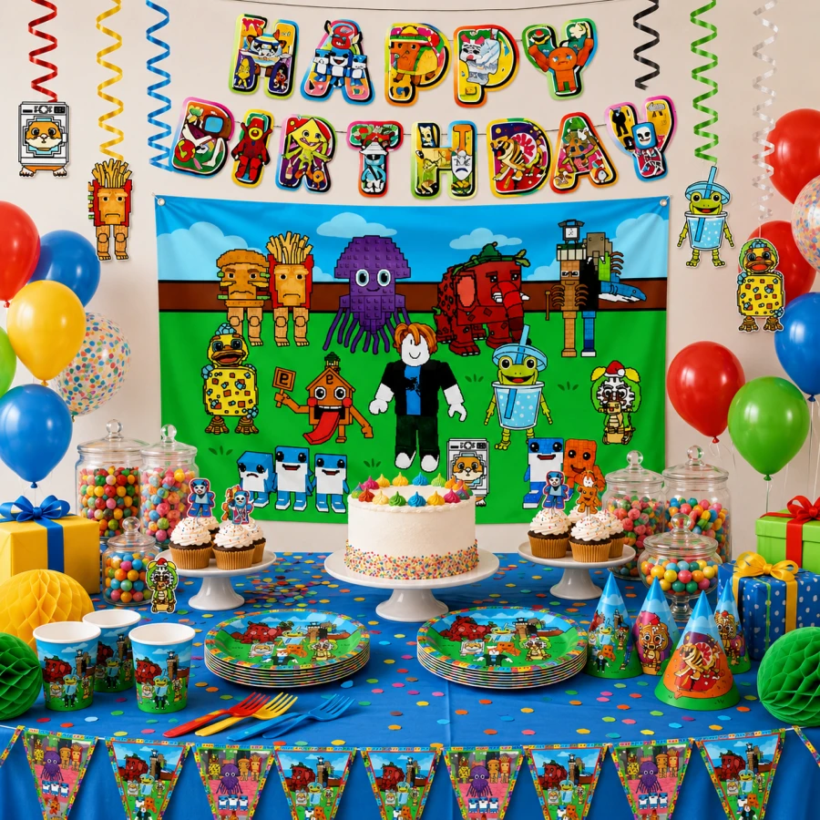 Roblox Set Dekorasi Ulang Tahun 32 Buah Motif Karakter Game Piksel Warna-warni dari Kertas & Kain, Bendera Segitiga, Latar Belakang Foto, Spiral Gantung, Spanduk Huruf Selamat Ulang Tahun, Cocok untuk Pesta Ulang Tahun, Halloween, Thanksgiving, Dekorasi Natal - A - View 1