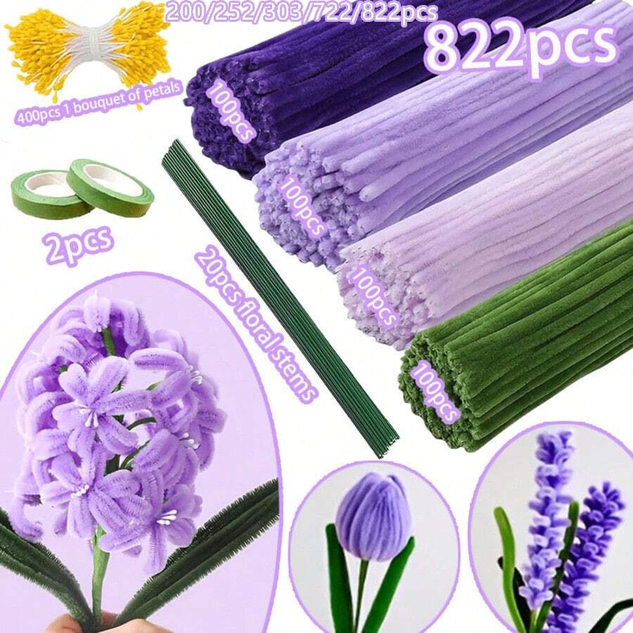 200/300/822 pièces Kit d'artisanat de bouquet de tiges en chenille violette & verte pour fleurs DIY, tulipes, lavande, fabrication de fleurs faites à la main, tiges douces et flexibles de qualité premium pour fête, vacances, décoration de cadeau d'anniversaire - Multicolore - Voir 1