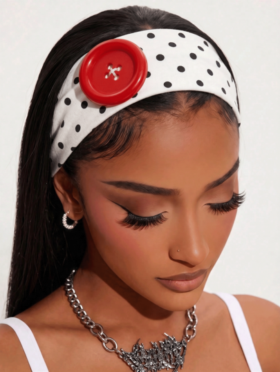 1 Pieza Diadema Ancha de Lunares para Mujeres, Banda de Cabello de Tela Suave con Decoración de Botón Rojo Grande, Accesorio de Cabello de Moda Vintage para Uso Diario, Fiesta y Cosplay