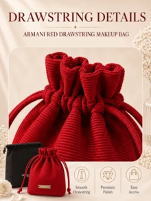 Giorgio Armani Armani Red Drawstring Makeup Bag, Fabric Material, Metal Nameplate, Drawstring Closure Design, Storage For Makeup And Jewelry, Portable Storage, Suitable For Gifting And Personal Use - Burgundy - View 7