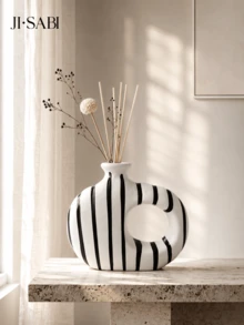 1pc Wabi-Sabi Style Abstract Hollow Ring Reed Diffuser Vase, Black Vertical Stripe White Base, Modern Minimalist Dried Flower Fragrance Bottle, Living Room Entryway Desktop Aesthetic Decor Gift - Black and White Striped Aromatherapy Bottle - View 5