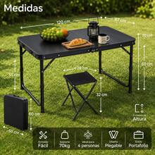 Mesa Plegable Camping Picnic Ajustable 1.20 Portátil 4 sillas - Negro - Ver 2