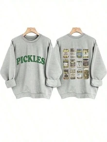 [Olive Green Sweatshirt] Soft Olive Green Crewneck Sweatshirt | PICKLES Letter Print & Pickle Jar Graphic-Machine Washable,Unisex-Casual Sweatshirt-88 - 灰色 - 查看 12