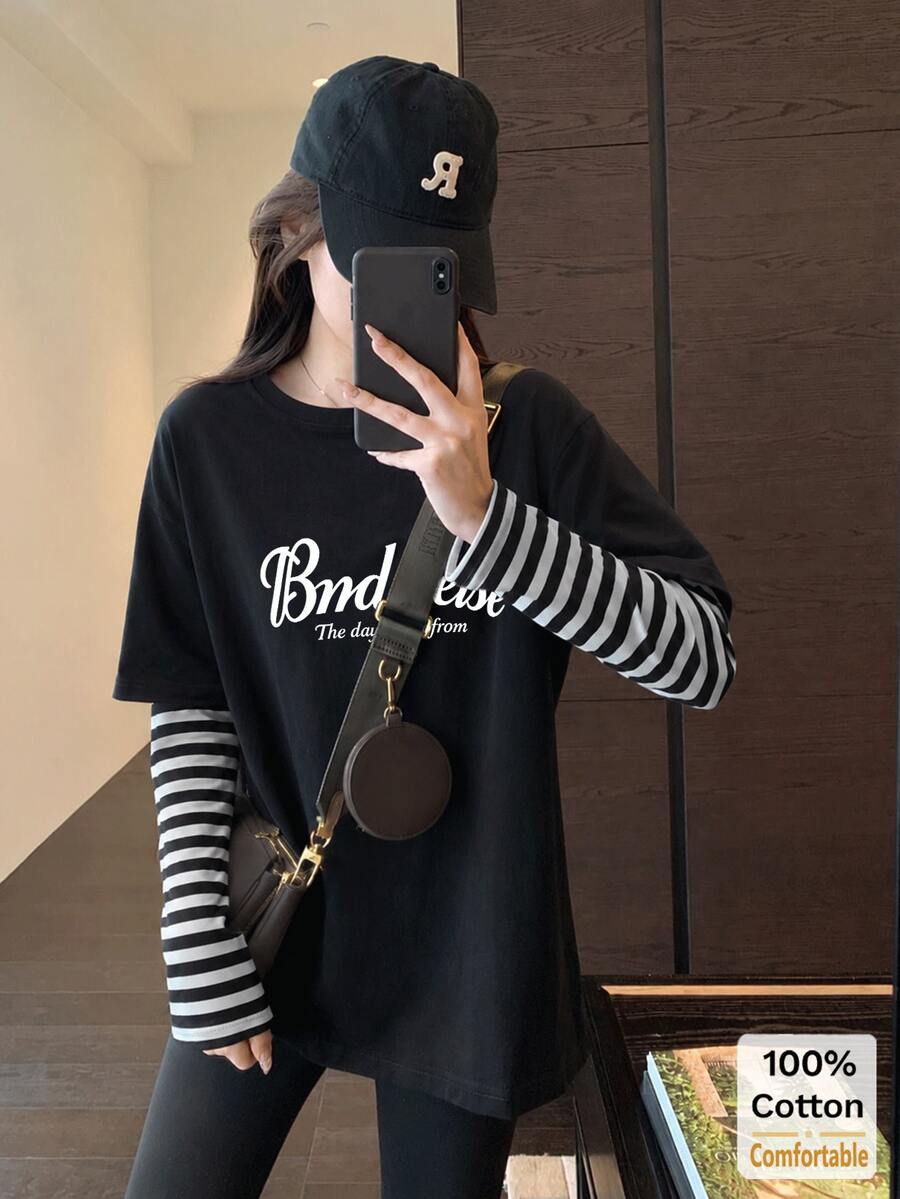 Women's 2-In-1 Faux Layered Long Sleeve T-Shirt With Letter Print, Loose Fit Autumn Top - Black - View 1