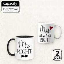 مجموعة أكواب زوجية متطابقة Mr Right Mrs Always Right، أكواب سيراميك بلونين داخليين أسود ووردي مع طباعة ربطة عنق وقلب، مجموعة هدايا فكاهية للعرسان الجدد والزوجين للزفاف والذكرى السنوية - متعدد الألوان - مشاهدة 11