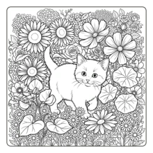 Libro para colorear de gatos en el jardín, audaz y fácil: lindo gato naranja esponjoso rodeado de rosas, flores silvestres y mariposas, ilustraciones de gatitos florales con contornos gruesos y simples para adultos y principiantes, alivio del estrés - DJ-029 Jardín de gatos - Ver 5