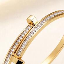1pc Minimalist Luxury Gold-Plated Stainless Steel Bracelet, Double Row Square Rhinestone Buckle Decor, Fade-Resistant Women's Bracelet, Suitable For Daily Wear And Holiday Gift - Gold - View 2
