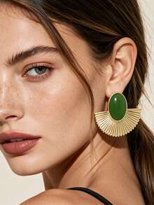 1 Pair Fashionable Retro Elegant Exaggerated Fan-Shaped Oval Stud Earrings, Luxury Vacation Party Banquet Women's - Exaggerated Fan-shaped Oval Stud Earrings - View 2