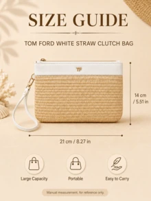 Tom Ford TF White Straw Clutch, 21*14cm, Woven With Wrist Strap, Spacious Capacity, Perfect For Organizing Makeup And Small Essentials During Vacations - Multicolor - View 4