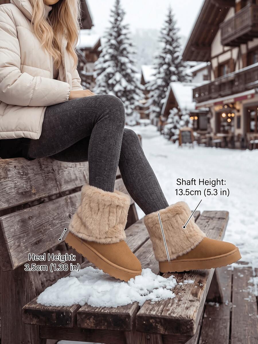 Women's Thermal Lined Thick Warm Height-Increasing Folded Cuff Round Toe Short Shaft Thick Sole Platform Snow Boots Daily Winter Camel Color Oversized Suede Plus Size Boots