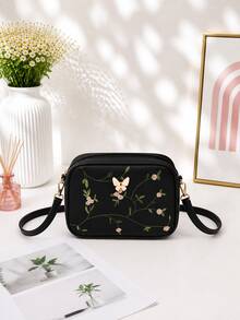 Classic Embroidered Crossbody Bag, Butterfly Metal Decor Zipper Wallet, Faux Leather Shoulder Bag For Girls - Black - View 1