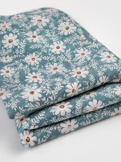 HHMC 1 pezzo di tessuto in misto lino color ottanio con stampa floreale di margherite bianche e centro del fiore marrone, texture opaca traspirante intrecciata, adatto per tovaglia, federa, tenda, borsa fatta a mano e materiale per cucito di decorazione domestica in stile country