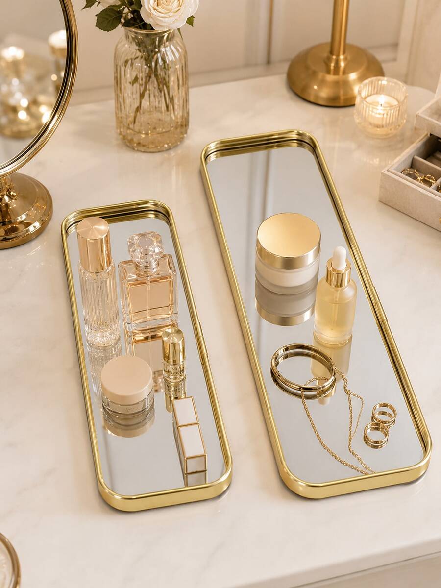 1 pieza Bandeja de tocador de vidrio espejado dorado de lujo nórdico con detalle HOME, organizador decorativo para perfume, cosméticos, cuidado de la piel & joyería, adecuado para baño, dormitorio & decoración de tocador