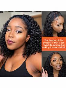 Headband Wig Deep Wave 12 Inch Headband Wig Curly Hair Glueless Hair Wigs Machine Made No Lace Afro Kinky Curly Black Hair Wigs With Headbands Attached Headband Wig For Women - 黑色 - 查看 2