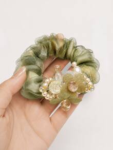 1pc Sage Green Organza Flower Scrunchie With Faux Pearl & Faceted Bead Decor, Elegant Hair Tie For Bun, Updo, Wedding & Party - Multicolor - View 9