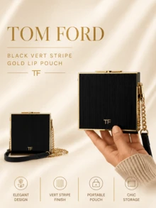 Tom Ford TF Black Vertical Stripe Gold-Trimmed Lipstick Pouch, 10.5*10.5cm, With Wrist Strap And Built-In Storage Slot, Perfect For Carrying Lipstick Or As A Delicate Gift - Black - View 3