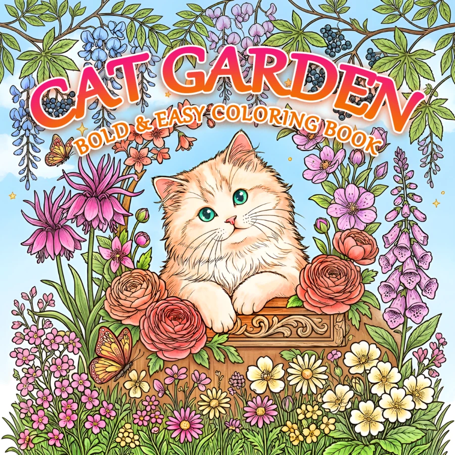 Libro para colorear de gatos en el jardín, audaz y fácil: lindo gato naranja esponjoso rodeado de rosas, flores silvestres y mariposas, ilustraciones de gatitos florales con contornos gruesos y simples para adultos y principiantes, alivio del estrés - DJ-029 Jardín de gatos - Ver 1