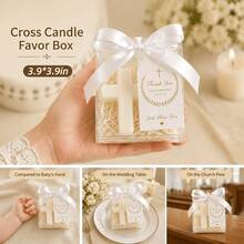10 Sets/5 Sets/1 Set Baby Baptism Favor Gift Set, Includes Cross Candle, Gift Box, Thank You Card And White Ribbon, Baby Baptism Celebration Party Favor, Religious Commemorative Gift, First Communion Gift - Multicolor - View 7