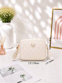 Quilted Square Crossbody Bag, Butterfly Metal Decor Zipper Wallet, Faux Leather Shoulder Bag - White - View 3