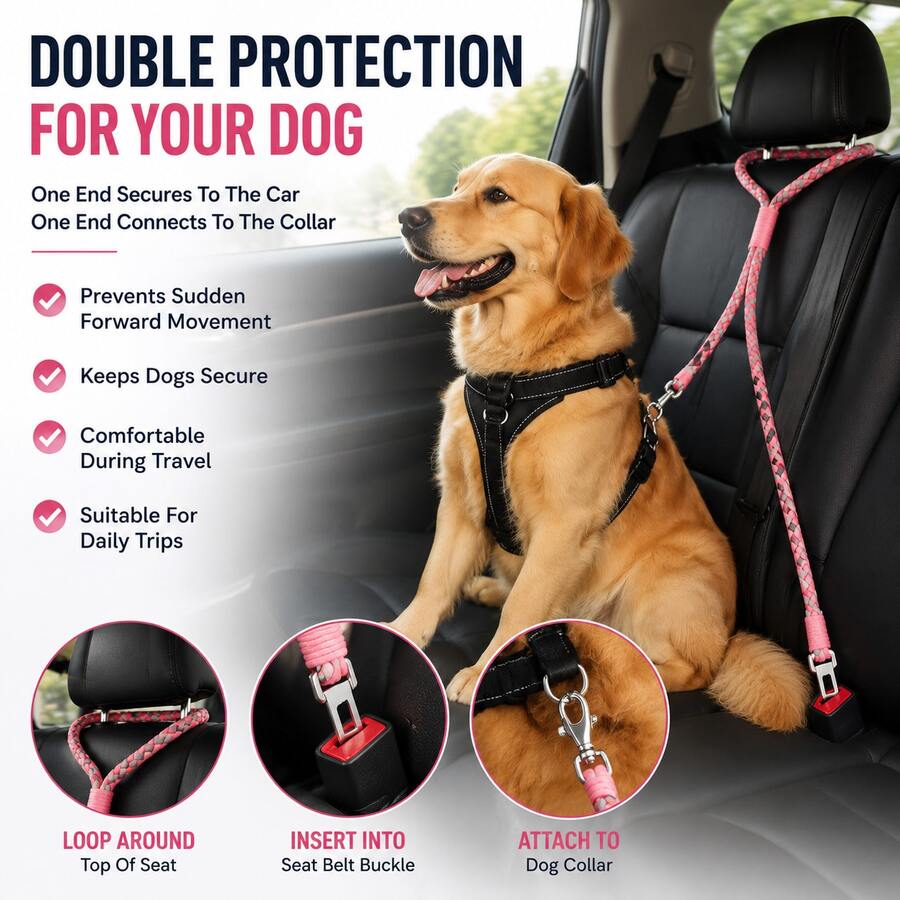 1pc Dog Car Headrest Safety Tether Braided Cotton Rope Pet Car Seat Belt With Heavy Duty Metal Clip, Chew Resistant Anti Shock Dog Travel Restraint Leash For Small Medium Large Dogs, Easy Install Universal Vehicle Pet Safety Accessory - Multicolor - View 1