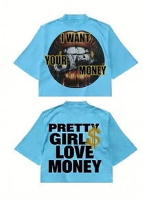 Fly "I Want Your Money" Hip-Hop Flow T-Shirt Pure Cotton Double-Sided Printed T-Shirt, Suitable For Men And Women,Top Pick Gift For Summer Casual Tees - 藍色 - 查看 12
