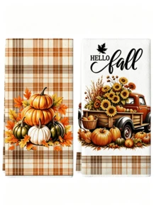 2件組 Hello Fall 感恩節廚房抹布,復古紅卡車、南瓜、向日葵與水牛格紋印花吸水裝飾餐巾,農舍風節日廚房裝飾禮品 - 彩色 - 查看 9