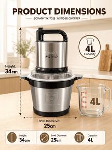 1pc Stainless Steel Bowl Electric Kitchen Chopper, Multi-Function Chopper 2-Speed, With 4 Blades Can Chop Meat, Onion, Fruit, Vegetable, Sokany - Black - View 5