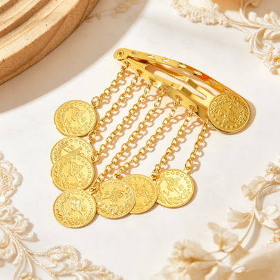1pc Arabic Style Gold Coin Tassel Collar Clip Bangs Straight Hair Clip Dance Hair Accessory Side Clip