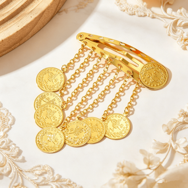 1 pieza Clip de flequillo estilo árabe con moneda dorada y borla, accesorio para el cabello de baile, clip lateral para cabello liso