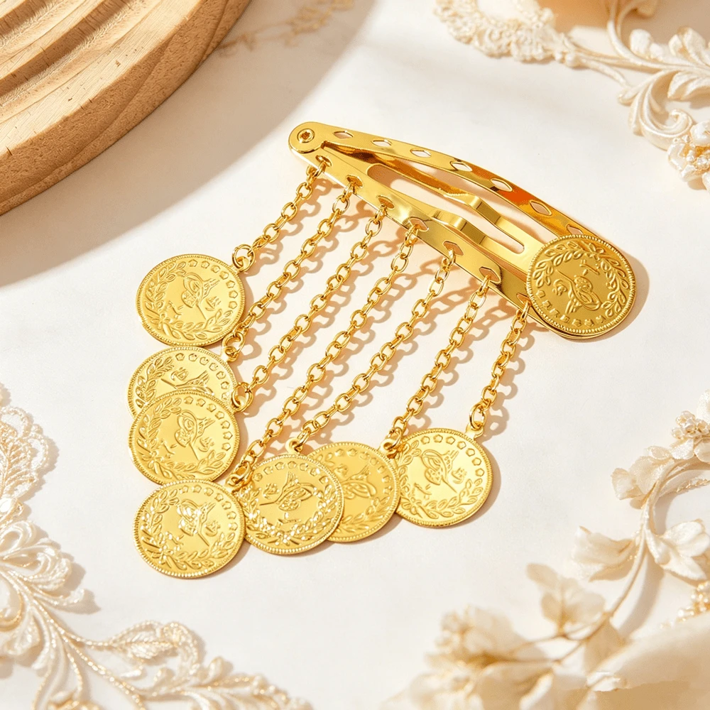 1pc Arabic Style Gold Coin Tassel Collar Clip Bangs Straight Hair Clip Dance Hair Accessory Side Clip - Gold - View 1