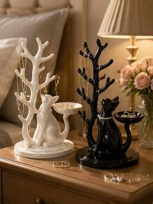 1/2pcs 3D Cat Jewelry Tree Holder With Jewelry Tray, Multi-Functional Desktop Jewelry Storage Rack, Suitable For Rings, Earrings, Necklaces, Perfect Gift For Girlfriend, Lover Or Yourself - Multicolor - View 2