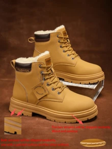 STARNOVO (2 Versions Randomly Shipped, Differences Between The Two Styles Are Explained In The Images) Men's Plush Lined Snow Boots, Lace-Up Design, Warm PU Leather Material High-Top Style, Anti-Slip Design, Suitable For Cold Weather Wear, Comfortable And Casual, Outdoor Activities - Khaki - View 5