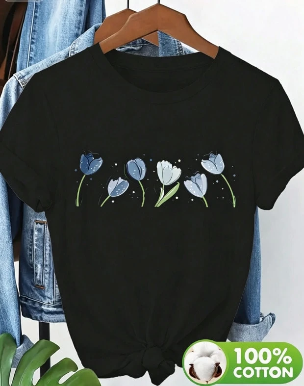 Vintage Cotton T-Shirt With Colorful Tulip Print, Fresh And Natural, Model 8684 Women's Summer Top - Black 3 - View 1