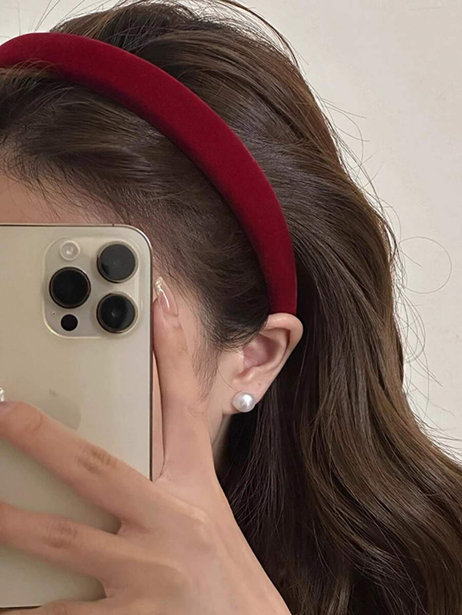 1pc 2cm Vintage Burgundy Flocked Sponge Flocked Headband - Red - View 1