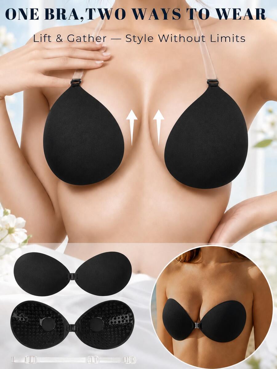 1 Piece Of Adhesive Vest Bra - Invisible Silicone Push Up, Lifting Bra, Suitable For Weddings, Parties, And Backless Tops - Black - View 1