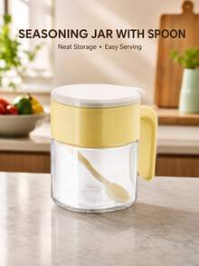 1pc Seasoning Jar With Spoon And Handle, Modern Minimalist Salt & Sugar Storage Container With Lid For Kitchen Cooking And Dining Table - Multicolor - View 1