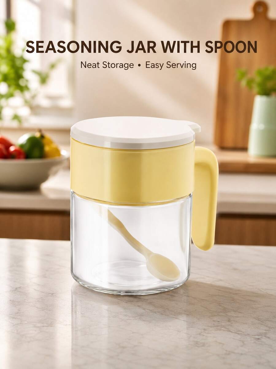 1pc Seasoning Jar With Spoon And Handle, Modern Minimalist Salt & Sugar Storage Container With Lid For Kitchen Cooking And Dining Table - Multicolor - View 1