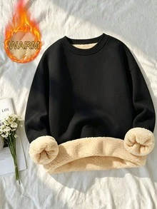 Women's Warm Thick Long Sleeve Crew Neck Pullover Sweatshirt, Regular Fit Ribbed Knit, Comfortable Choice For Autumn/Winter - Black - View 6