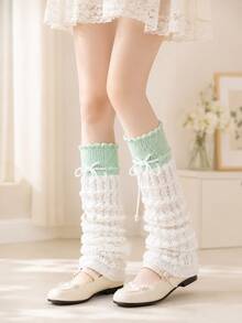 Wavy Ruffle Hollow Knit Leg Warmers With Bow And Wooden Bead Decor, Sweet Lolita Ballet Style Thin Layering Calf Sleeves For Women, Spring Summer Autumn Versatile Leg Protectors - Multicolor - View 2