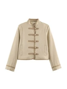 Women's Beige Fitted New Chinese Style Stand Collar Frog Button Pocket Jacket, Spring/Autumn Outerwear - Beige - View 10