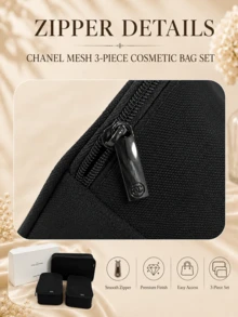 Chanel Mesh 3-Piece Makeup Bag Set, Small 22x16cm, Large 22x36cm, Breathable Mesh Fabric With Smooth Zipper, Perfect For Personal Use Or Gifting - Black - View 7