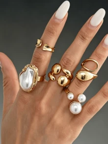 1 Set 5pcs Y2K Sweet Cool Premium Gold Asymmetrical Faux Pearl Stackable Rings Set, Suitable For Women's Daily Commute, Vacation, Travel, Versatile Accessory - Gold - View 4