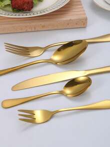 6/12/18pc Stainless Steel Gold 1010 Pasta Fork, Dessert Spoon, Coffee Stirrer, Salad Spoon/Fork, Soup/Rice Spoon Cutlery Set For Hotel, Restaurant, Home Gathering - Gold - View 5