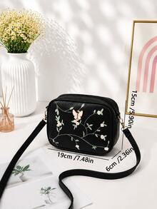 Classic Embroidered Crossbody Bag, Butterfly Metal Decor Zipper Wallet, Faux Leather Shoulder Bag For Girls - Black - View 3