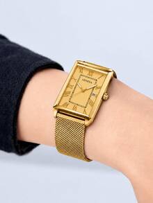 1PC Men's Gold Stainless Steel Milanese Magnetic Watch, Square Dial With Roman Numerals And Date Display, Alloy Case Business Fashion Men's Watch, Fashionable Men's Magnetic Strap, Christmas Gift, Anniversary Gift For Men - Gold - View 7