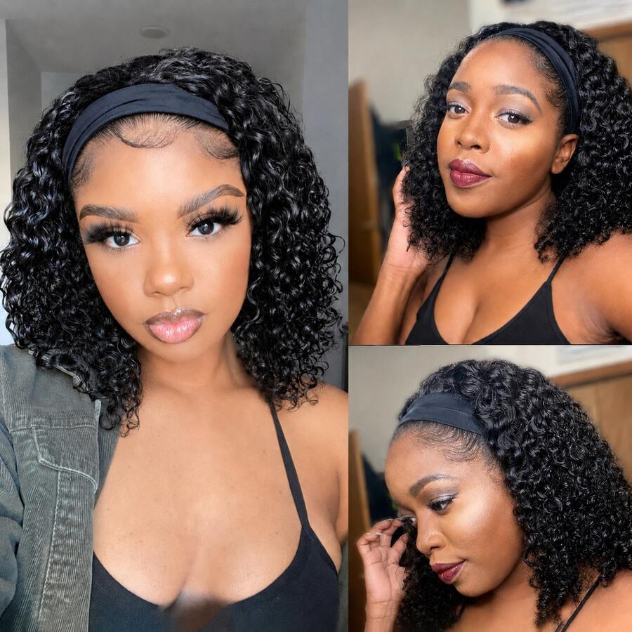 Headband Wig Deep Wave 12 Inch Headband Wig Curly Hair Glueless Hair Wigs Machine Made No Lace Afro Kinky Curly Black Hair Wigs With Headbands Attached Headband Wig For Women - 黑色 - 查看 1