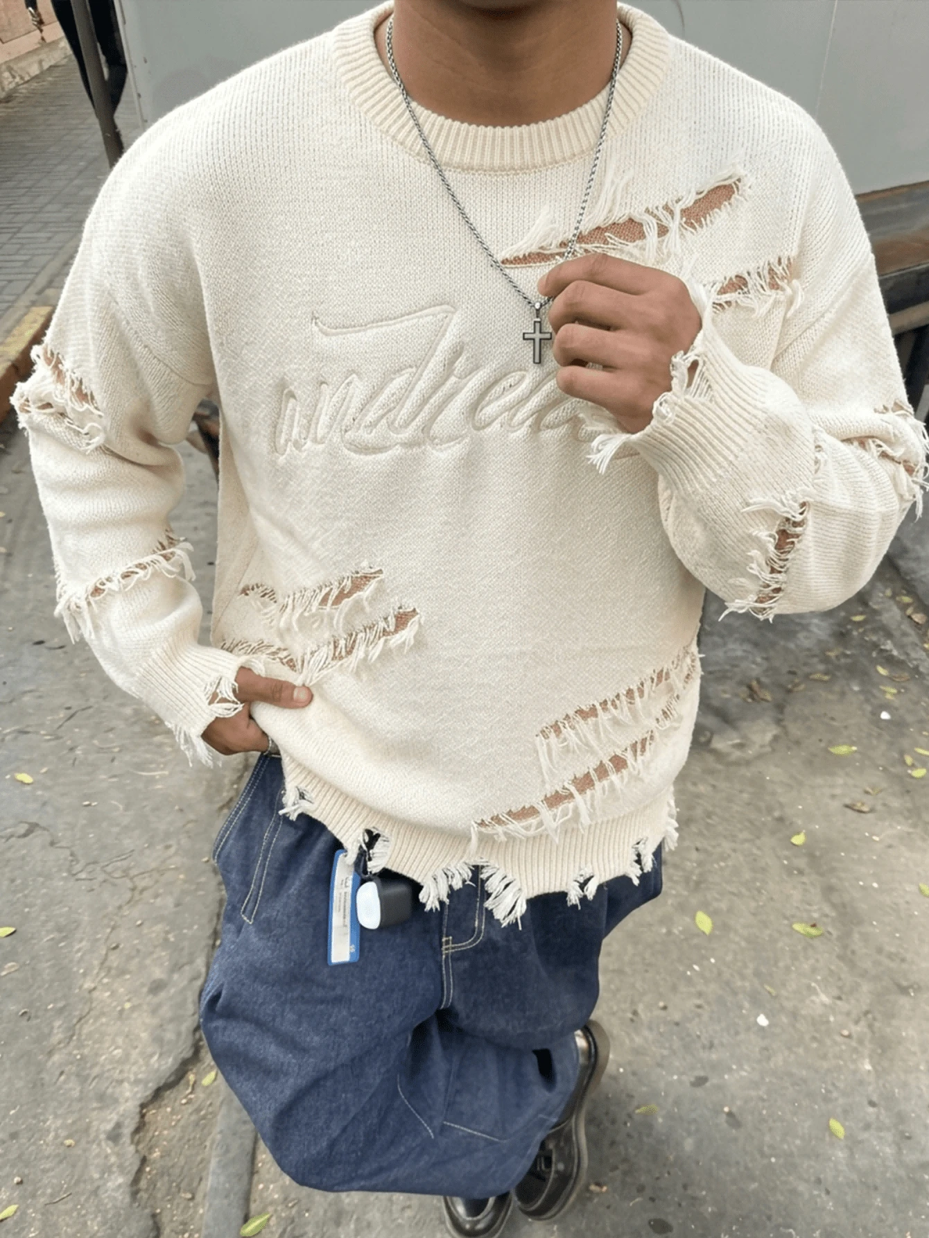 ANDREILEE Men's Autumn/Winter Casual Streetwear Polar Fleece Letter Embroidery Distressed Fringe Knit Pullover Sweater - White - View 1