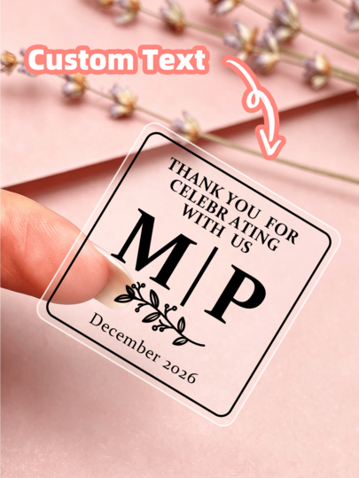 1-120pcs Square Waterproof Wear-Resistant Customized Stickers, Exclusive Text & Pattern, Strong Adhesive Self-Stick, For Storage Area Division, Cosmetic Dispensing, Storage Box Labeling, Miscellaneous Item Classification, Wedding Gift Box & Gift Labeling, Etc. Practical Item For Newlyweds, Colleagues, Travel Enthusiasts, Couples On Trips, Short & Long Distance Travelers. Suitable For Mother's Day, Father's Day, Anniversary, Back To School, Wedding, Party And More Occasions